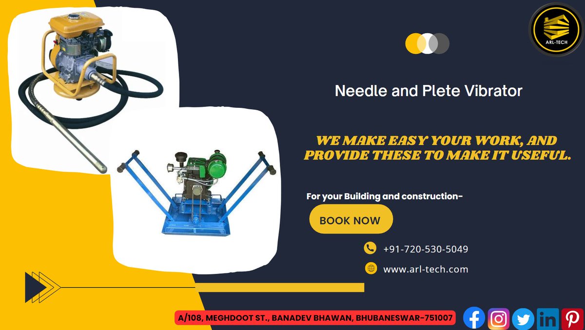 ARLTECHH's tweet photo. NEEDLE AND PLATE VIBRATOR TO SMOOTH YOUR CONSTRUCTION WORK. WE PROVIDE THESE WITH A NEGOTIABLE PRICE. FOR ONLINE BOOKING CONTACT US TODAY AT +91-720-530-5049.
website - https://t.co/PkqXS9W2U3
#construction  #heavyequipment #Bhubaneswar #arltech #JCB #rentalequipment #Borewell https://t.co/ejUZOVceVj