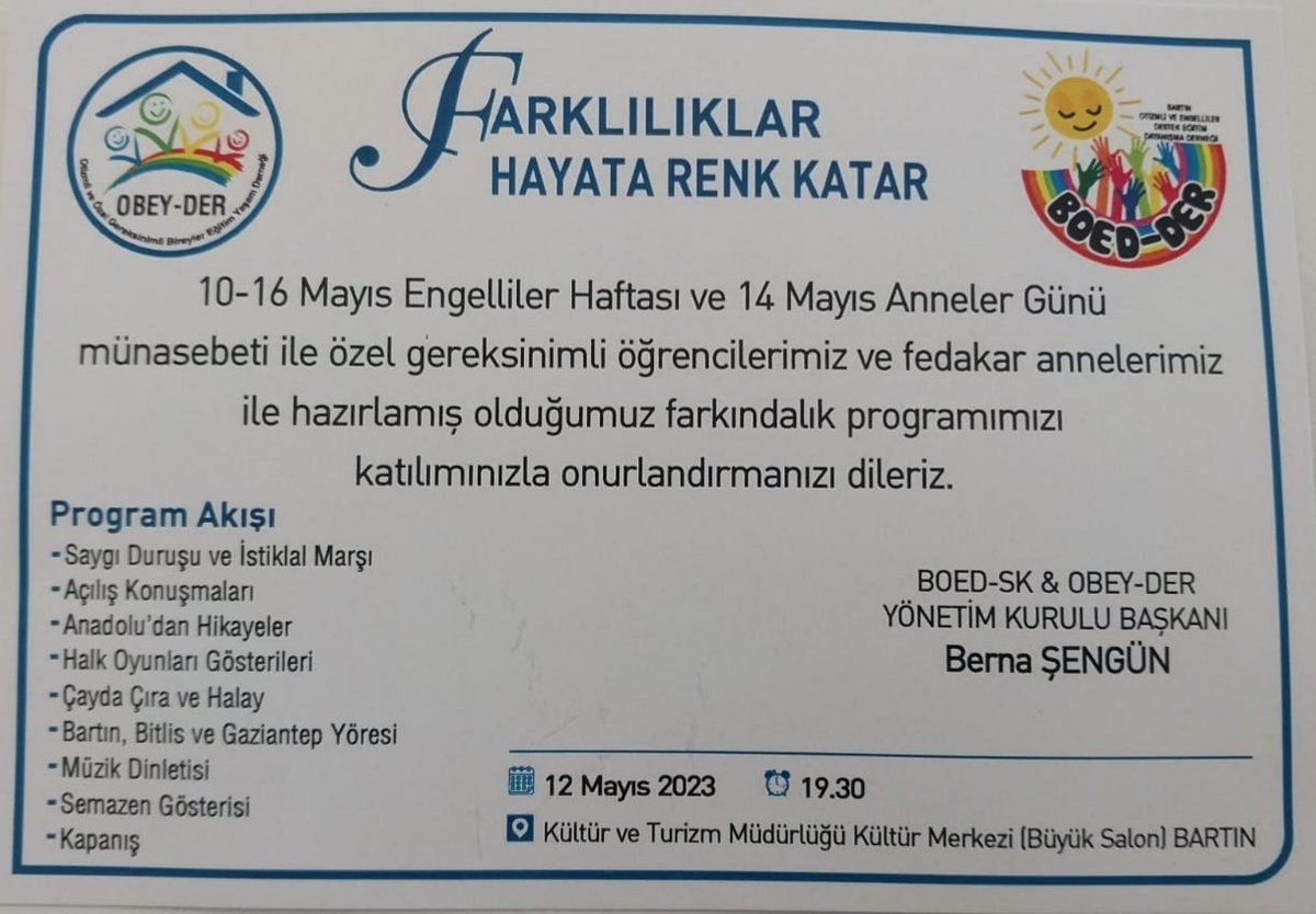 12 Mayıs Cuma Akşamı saat 19.30 da tüm Bartın halkını özel gereksinimli çocuk ve annelerinin hazırlamış oldukları halk oyunları gösterilerine bekliyoruz #Yarınımiçinyanımdaol