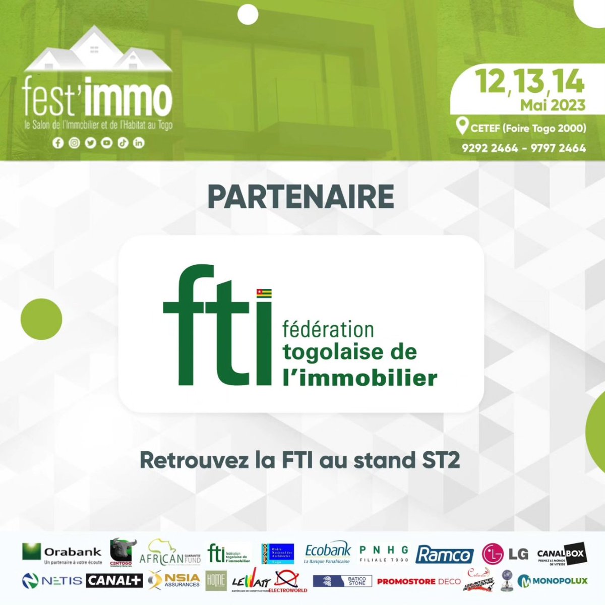 fest_immo's tweet photo. Le Salon de l'Immobilier et de l'Habitat est ouvert à tous du 12 au 14 mai 2023 au Centre Togolais des Expositions et Foires de Lomé (#CETEF). 

Retrouvez ci-dessous les stands de tous les partenaires  qui nous accompagnent sur cette 6e édition du #festimmo ! ⬇️⬇️⬇️

1/3 https://t.co/mlnQ8sycKw
