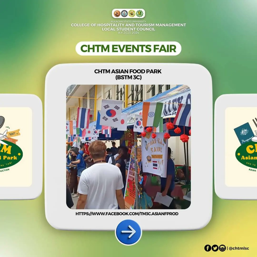 ChtmLsc's tweet photo. 𝗛𝗔𝗣𝗣𝗘𝗡𝗜𝗡𝗚 𝗡𝗢𝗪:

The BSTM 3C's Asian Foodie Production started their event entitled CHTM AFP: Add to Food Cart Na 'yan! Located outside of BulSU Activity Center. 🐯💚

#CHTMLSC2324
#pROARactiveTigers
#CHTMROARforExcellence https://t.co/yVOHJPaMgM