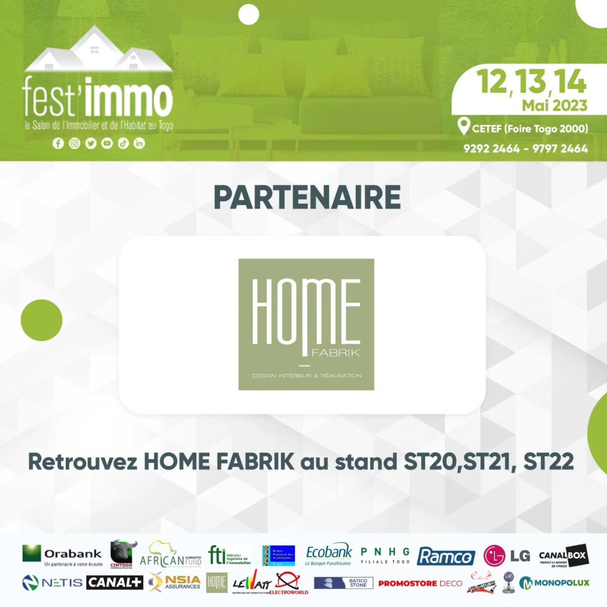 fest_immo's tweet photo. Le Salon de l'Immobilier et de l'Habitat est ouvert à tous du 12 au 14 mai 2023 au Centre Togolais des Expositions et Foires de Lomé (#CETEF). 

Retrouvez ci-dessous les stands de tous les partenaires  qui nous accompagnent sur cette 6e édition du #festimmo ! ⬇️⬇️⬇️

1/3 https://t.co/mlnQ8sycKw