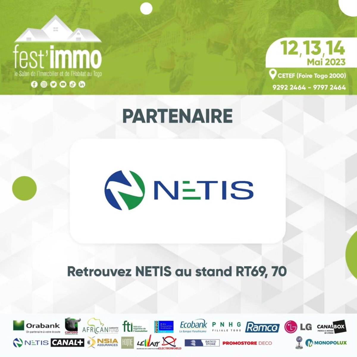fest_immo's tweet photo. Le Salon de l'Immobilier et de l'Habitat est ouvert à tous du 12 au 14 mai 2023 au Centre Togolais des Expositions et Foires de Lomé (#CETEF). 

Retrouvez ci-dessous les stands de tous les partenaires  qui nous accompagnent sur cette 6e édition du #festimmo ! ⬇️⬇️⬇️

1/3 https://t.co/mlnQ8sycKw