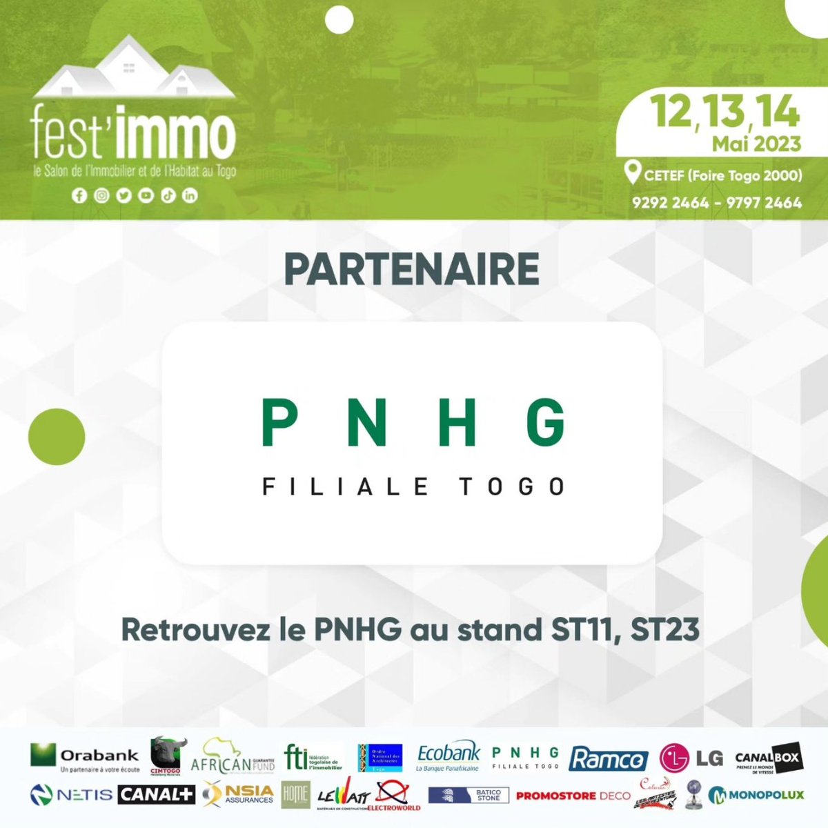 fest_immo's tweet photo. Le Salon de l'Immobilier et de l'Habitat est ouvert à tous du 12 au 14 mai 2023 au Centre Togolais des Expositions et Foires de Lomé (#CETEF). 

Retrouvez ci-dessous les stands de tous les partenaires  qui nous accompagnent sur cette 6e édition du #festimmo ! ⬇️⬇️⬇️

2/3 https://t.co/VlML6ASdax