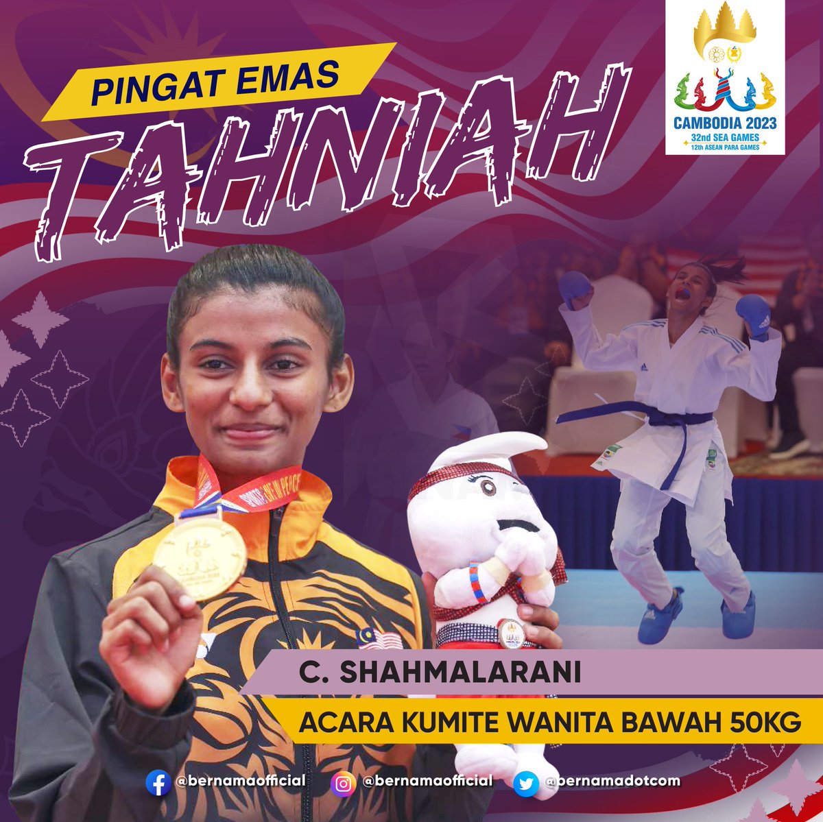 bernamadotcom's tweet photo. Tahniah buat atlet karate negara C. Shahmalarani &amp; S. Prem Kumar yang berjaya merangkul pingat emas pertama dan kedua buat Malaysia menerusi acara kumite wanita bawah 50kg &amp; kumite lelaki bawah 55kg.

#SukanSEA2023 
#InfografikBernama https://t.co/ztbthC7VA2
