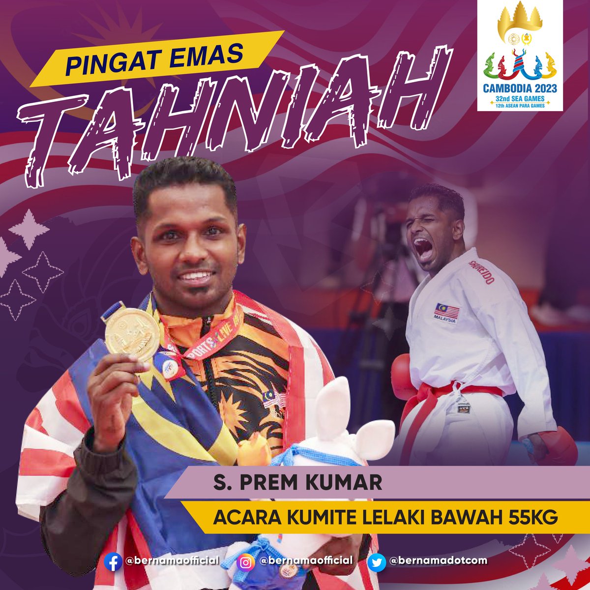 bernamadotcom's tweet photo. Tahniah buat atlet karate negara C. Shahmalarani &amp; S. Prem Kumar yang berjaya merangkul pingat emas pertama dan kedua buat Malaysia menerusi acara kumite wanita bawah 50kg &amp; kumite lelaki bawah 55kg.

#SukanSEA2023 
#InfografikBernama https://t.co/ztbthC7VA2