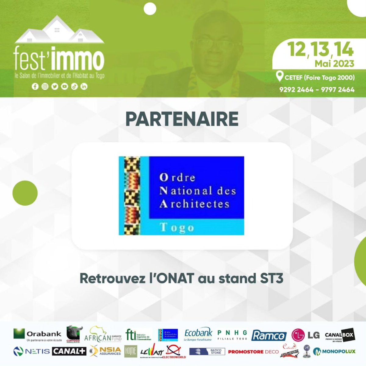 fest_immo's tweet photo. Le Salon de l'Immobilier et de l'Habitat est ouvert à tous du 12 au 14 mai 2023 au Centre Togolais des Expositions et Foires de Lomé (#CETEF). 

Retrouvez ci-dessous les stands de tous les partenaires  qui nous accompagnent sur cette 6e édition du #festimmo ! ⬇️⬇️⬇️

2/3 https://t.co/VlML6ASdax