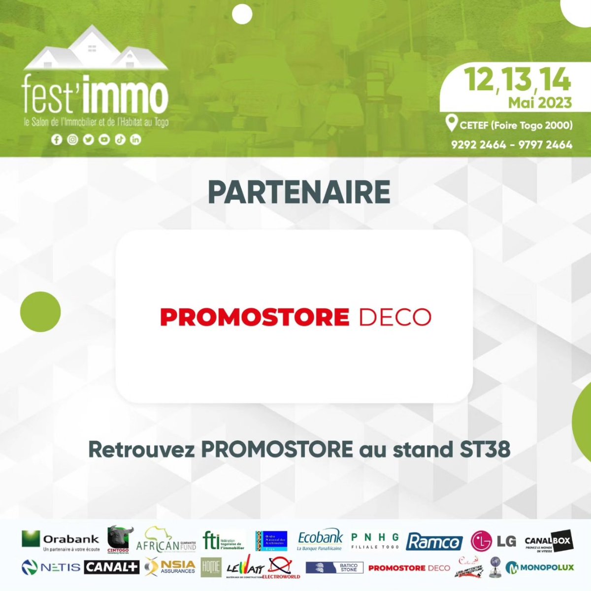 fest_immo's tweet photo. Le Salon de l'Immobilier et de l'Habitat est ouvert à tous du 12 au 14 mai 2023 au Centre Togolais des Expositions et Foires de Lomé (#CETEF). 

Retrouvez ci-dessous les stands de tous les partenaires  qui nous accompagnent sur cette 6e édition du #festimmo ! ⬇️⬇️⬇️

3/3 https://t.co/LKXtpNUNIq