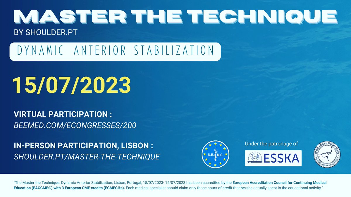 Great news!
The Master the Technique: Dynamic Anterior Stabilization, Lisbon, Portugal, 15/07/2023- 15/07/2023 has been accredited by the European Accreditation Council for Continuing Medical Education (EACME®) with 3 European ME credits!
👉shoulder.pt/master-the-tec…
#orthotwitter
