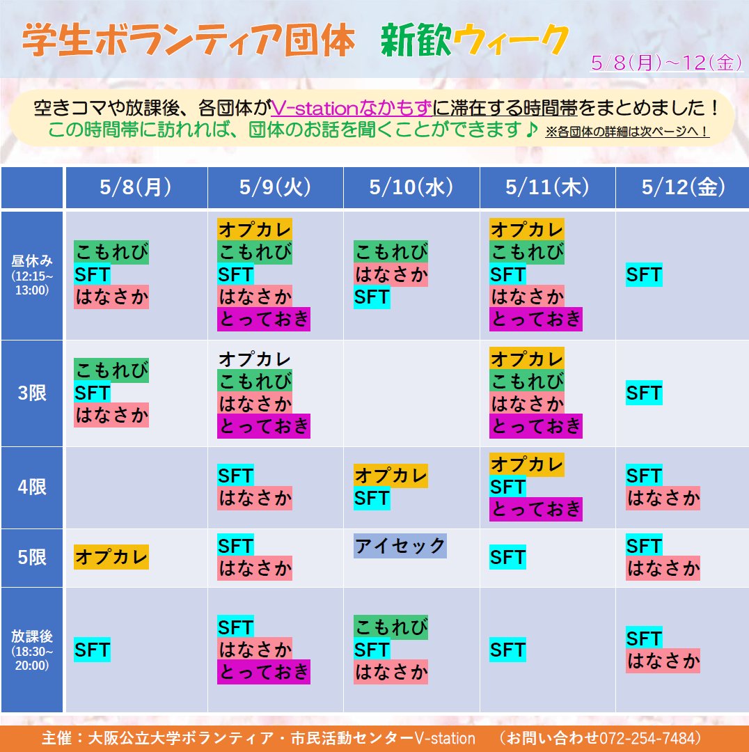 victorykamen's tweet photo. 【新歓ウィーク開催のお知らせ📢】

4月の新歓にあまり行けなかったな...という方必見！

5月8日〜12日はボランティア団体の新歓ウィークを開催するぶい✌️

団体のこと、ボラセンの話を聞きたい方は是非中百舌鳥キャンパスB12棟ボランティアセンターを覗きに来るぶい👍

#春からOMU 
#春からハム大 https://t.co/hIpeKpBSm7