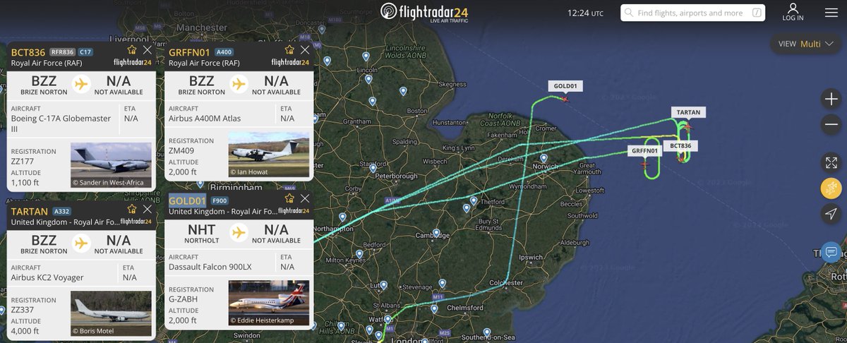 alternativewip's tweet photo. selection of #RAF aircraft currently on hold over the east coast of england, waiting for their flyover opportunity. #BCT836 #GRFFN01 #TARTAN #GOLD01 https://t.co/NANkbl3ZZe