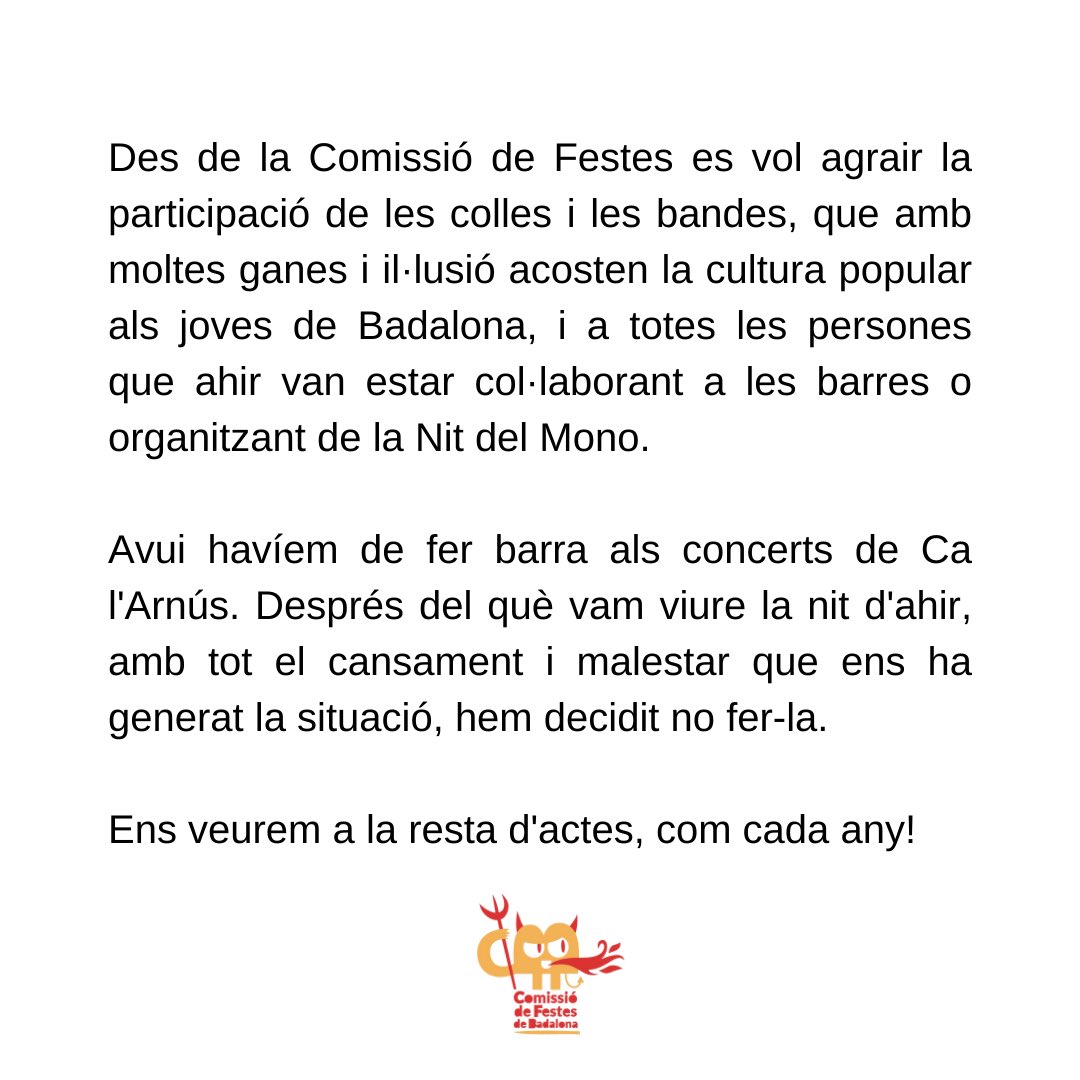 COMUNICAT SOBRE LES 
AGRESSIONS REBUDES DURANT LA NIT DEL MONO