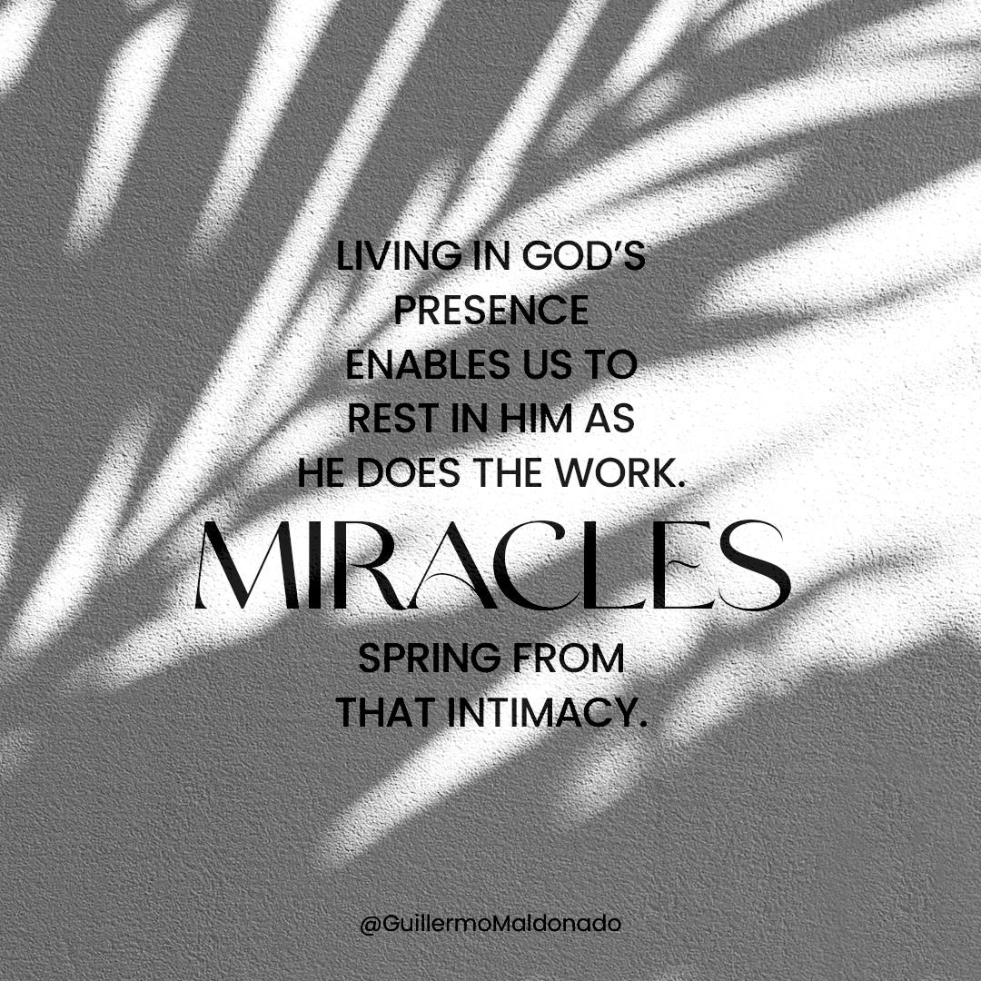 Living by faith demands work, but living in God's presence enables us to  rest in Him as He does the work. While we rest in Him, miracles spring from  that intimacy. What, image size:1080x1080