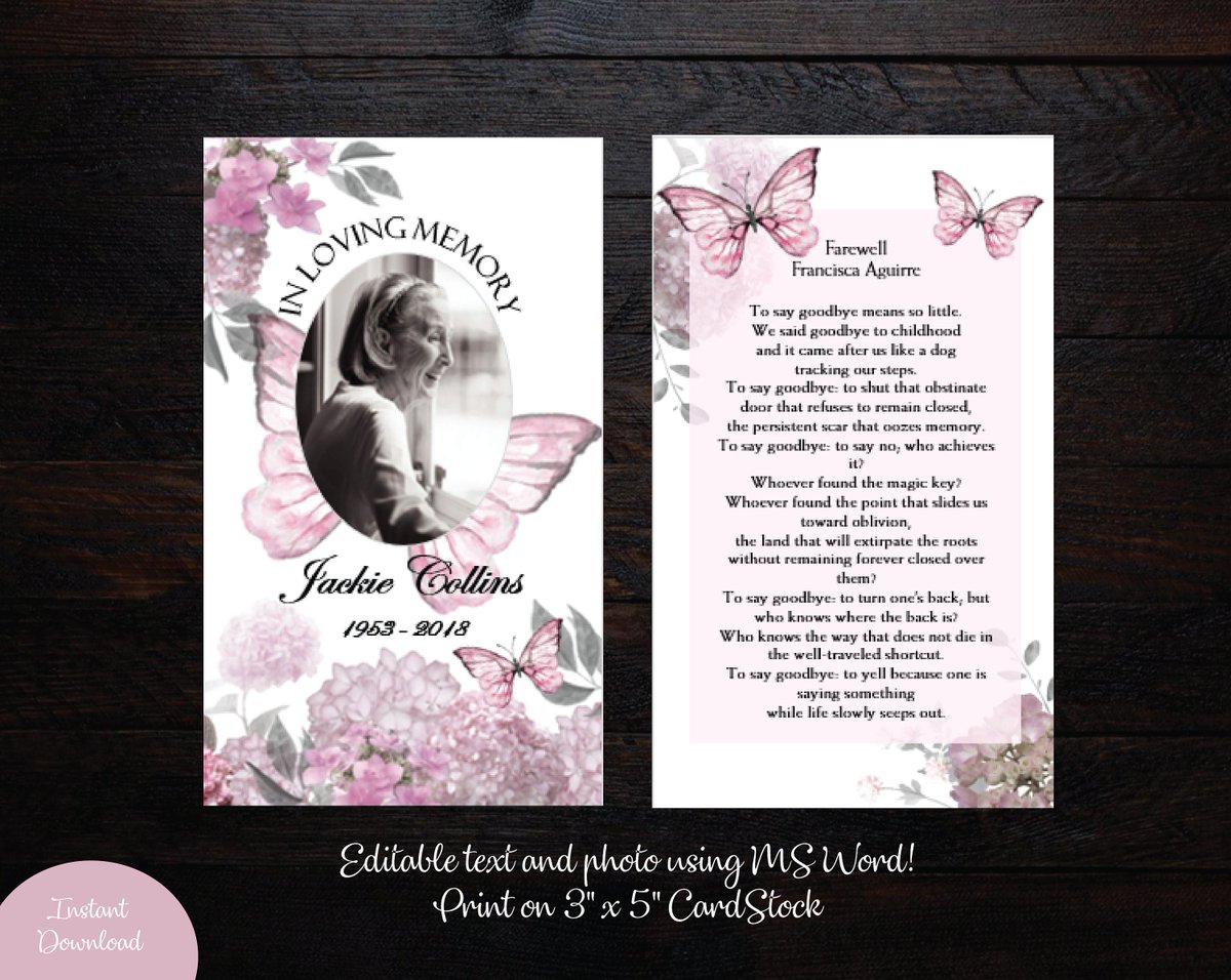 Printable Funeral Prayer Card 3x5 Pink Grey Hydrangeas Butterflies | Memorial Prayer Card| Editable Text MS Word etsy.me/3LDbPcj #pink #griefmourning #gray #prayercard #prayertemplate #poemprayer #pinkhydrangeas #pinkandgrey #pinkbutterflies