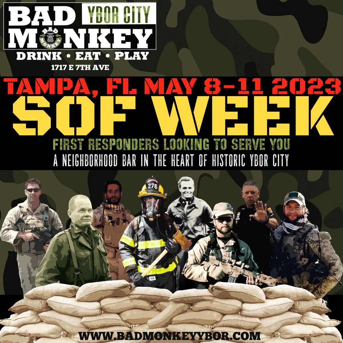 BadMonkeyYbor's tweet photo. Troops, SOF Week is coming up fast! 🚨 Join us at Bad Monkey from May 8-11 for drink and food specials as we honor our special operations forces. 🇺🇸🐵🍔🍻 Don't miss out on the action! #SOFWeek #BadMonkeyYbor #MilitaryLife https://t.co/31OhpJPeFz