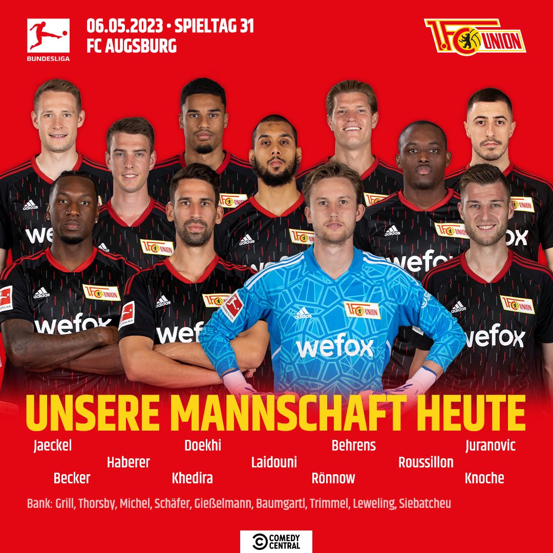 Die Startelf für das Auswärtsspiel in Augsburg: Rönnow, Roussillon, Doekhi, Knoche, Jaeckel, Juranovic, Haberer, Khedira, Laïdouni, Behrens und Becker.