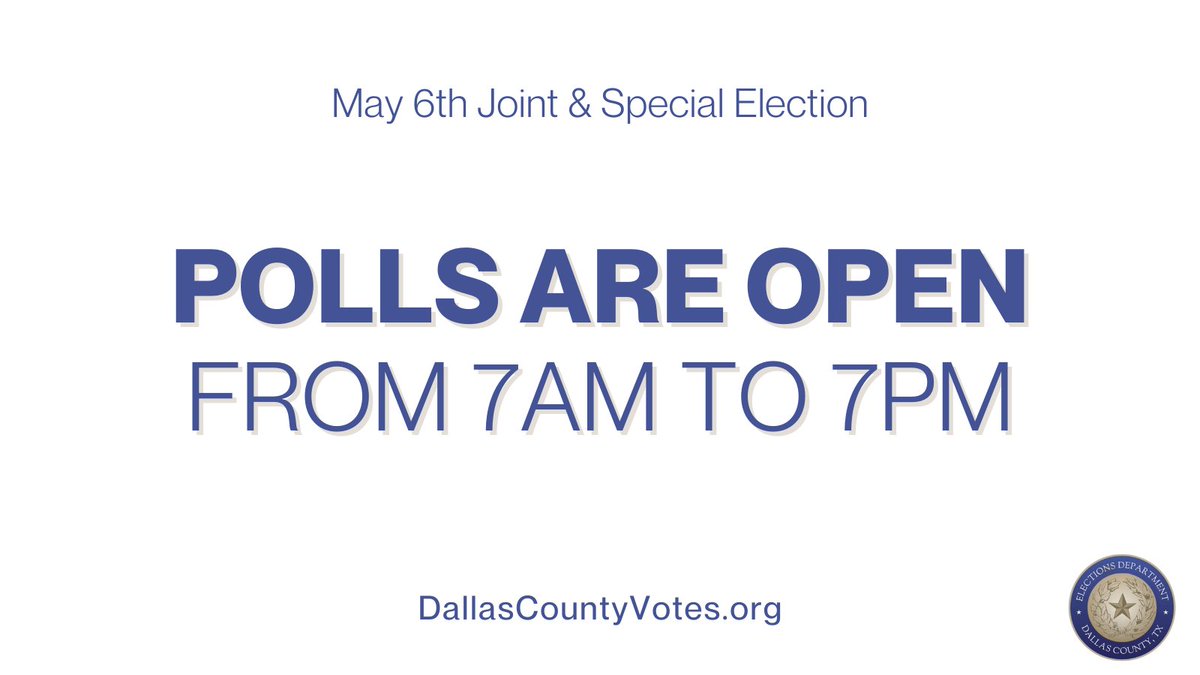 DallasElections's tweet photo. It's Election Day! You can vote at any vote center in Dallas County, and vote centers are open from 7am to 7pm. #DallasCountyVotes

📍 Election Day Location Finder: https://t.co/kkWnuNGb5Y
🗳️Sample Ballot: https://t.co/IfJINW7r1F
🖥️More Info: https://t.co/M9VEb8beCu https://t.co/GMwrIlqZ17