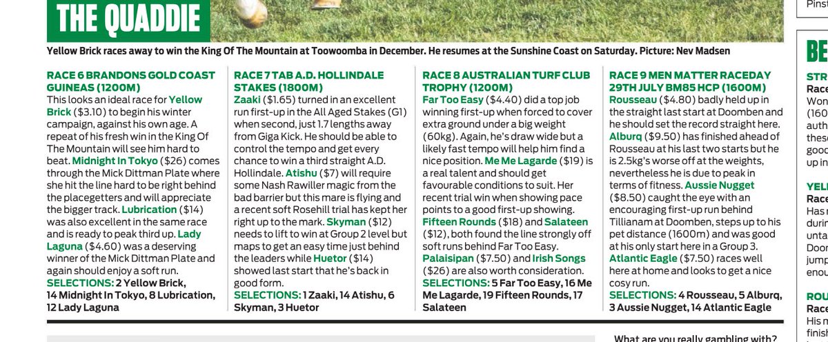 Once again we received good advice from ⁦@michaelmaxworth⁩ in his SC quaddie preview in today’s ⁦@couriermail⁩ Even with shorties Yellow Brick and Zaaki it paid $1500. 💰💰💰💰