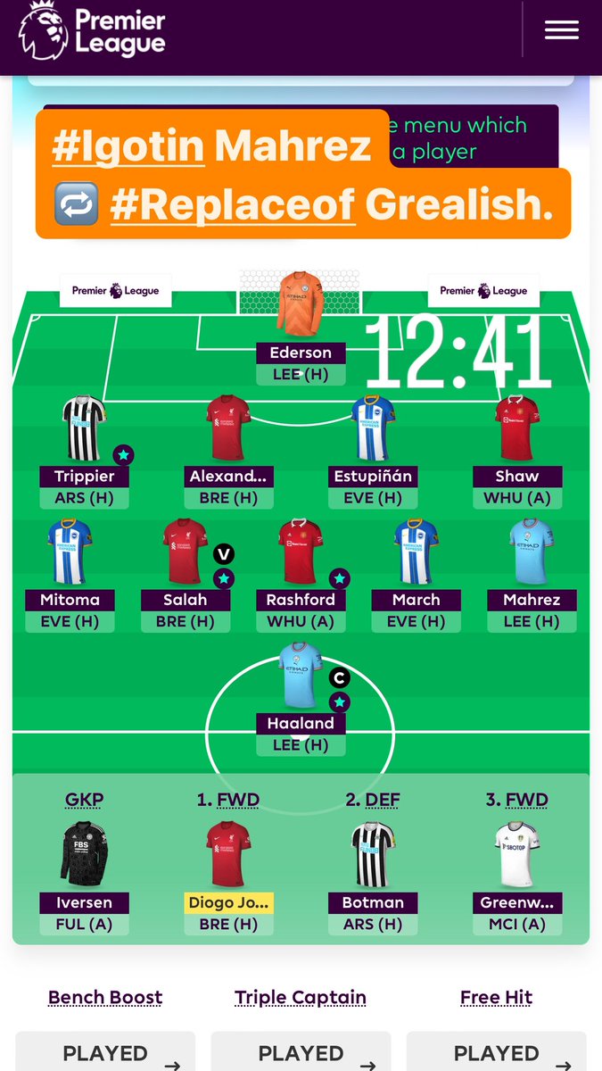 francisbilardi's tweet photo. #Myteamis locked 🔒 in
#Igotin Mahrez 🔁 #Replaceof Grealish
#Bestoflucktoeverybody👍 for #Gameweek35 https://t.co/JZ27bhmjrE