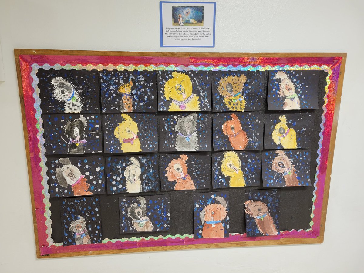 steam_TVLS's tweet photo. 2nd graders just finished up a fun project after learning about artist Iris Scott and showing movement in their art.  Ms. Scott fingerprints large scale shaking wet dogs!  These turned out great!  
#wearetuskyvalley
@TVTrojans https://t.co/niVd2SHotK