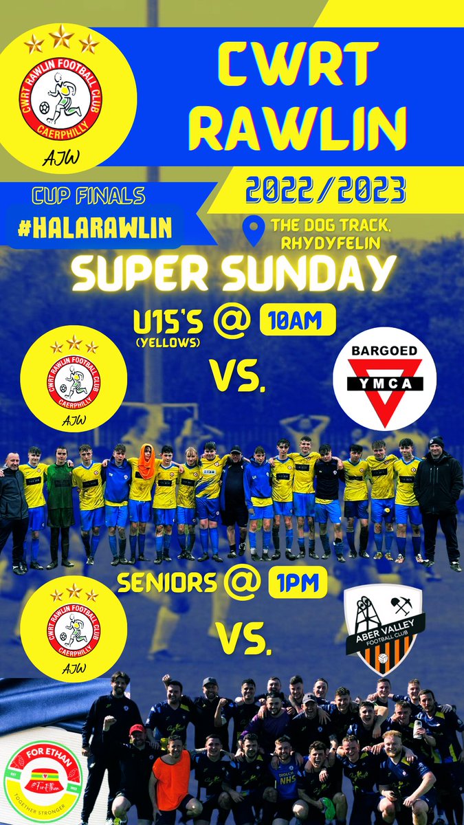 CwrtRawlinFC's tweet photo. ⭐️SUPER SUNDAY ⭐️

Two cup finals for the club tomorrow! 🏆

U15s Yellows
🆚 @BargoedYMCA 
🕛 10am
🏆Junior TERV U15s Final

Seniors
🆚 @aber_valley_fc seconds
🕛 1pm
🏆Bernard Martin Trophy

🏟️ The Dog Track, Rhydyfelin, CF37 5LN

 See you there ☄️

#HalaRawlin https://t.co/O3SmpOmUv0