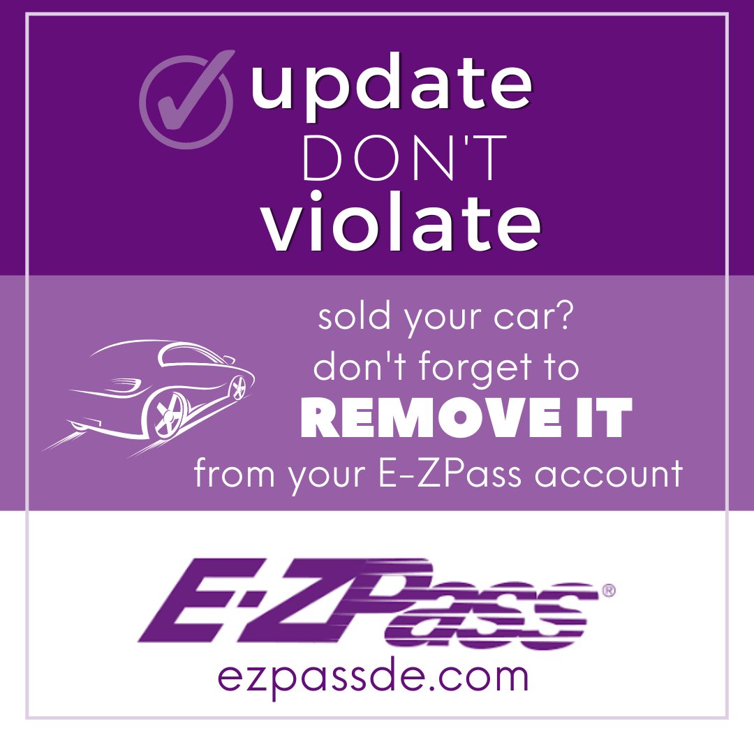 DelawareDMV's tweet photo. Did you recently sell a vehicle? Don't forget to remove it from your E-ZPass account. 🚙 Keeping the below updated is one of the easiest ways to avoid unnecessary violations.
⚪Name
⚪Address
⚪License plate #
⚪Vehicle make, model, year, and color
#UpdateDontViolate https://t.co/tdakPjjspT