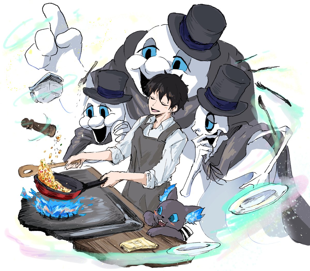 frying pan hat cooking black hair blue fire closed eyes fire  illustration images