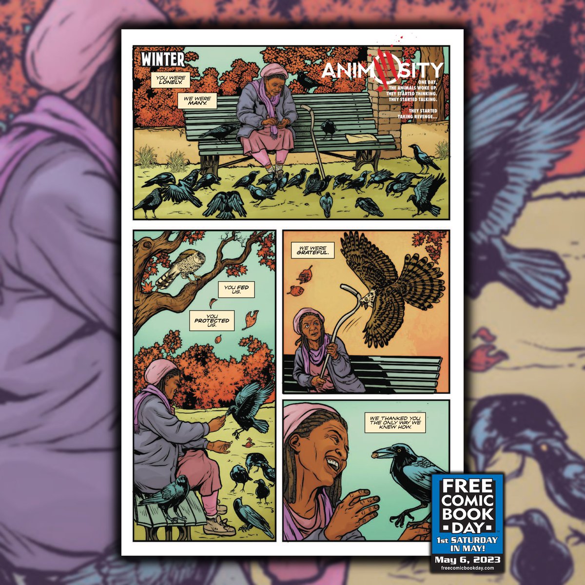 HAPPY FREE COMIC BOOK DAY! Here’s one more sneak peek from our very own SEISMIC STORIES, featuring a prelude to the upcoming YA graphic novel, THE DARKNESS WE BROUGHT BACK, plus an all-new tale from the world of ANIMOSITY, available TODAY at all participating comic shops!
