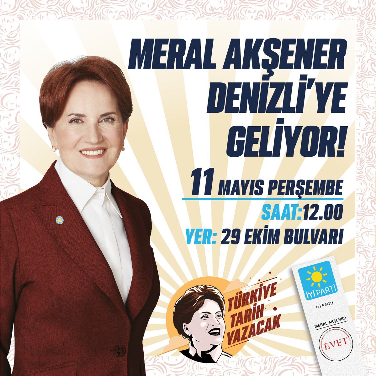 İyi Parti Genel Başkanımız Sn. Meral AKŞENER 11 Mayıs Perşembe günü Saat:12:00'de Denizli'mize geliyor. Tüm İYİ'ler davetlidir... #AzKaldı
<a href="/iyiparti/">İYİ Parti</a> <a href="/meral_aksener/">Meral Akşener</a> <a href="/iyidenizli/">İYİ Parti Denizli İl Başkanlığı</a> <a href="/ozertuncturk/">Özer Tunçtürk</a> <a href="/Ozturkdenizli/">Yasin Öztürk</a> <a href="/i_seneldenizli/">İbrahim ŞENEL</a> <a href="/kadirtatik/">Kadir TATIK</a>