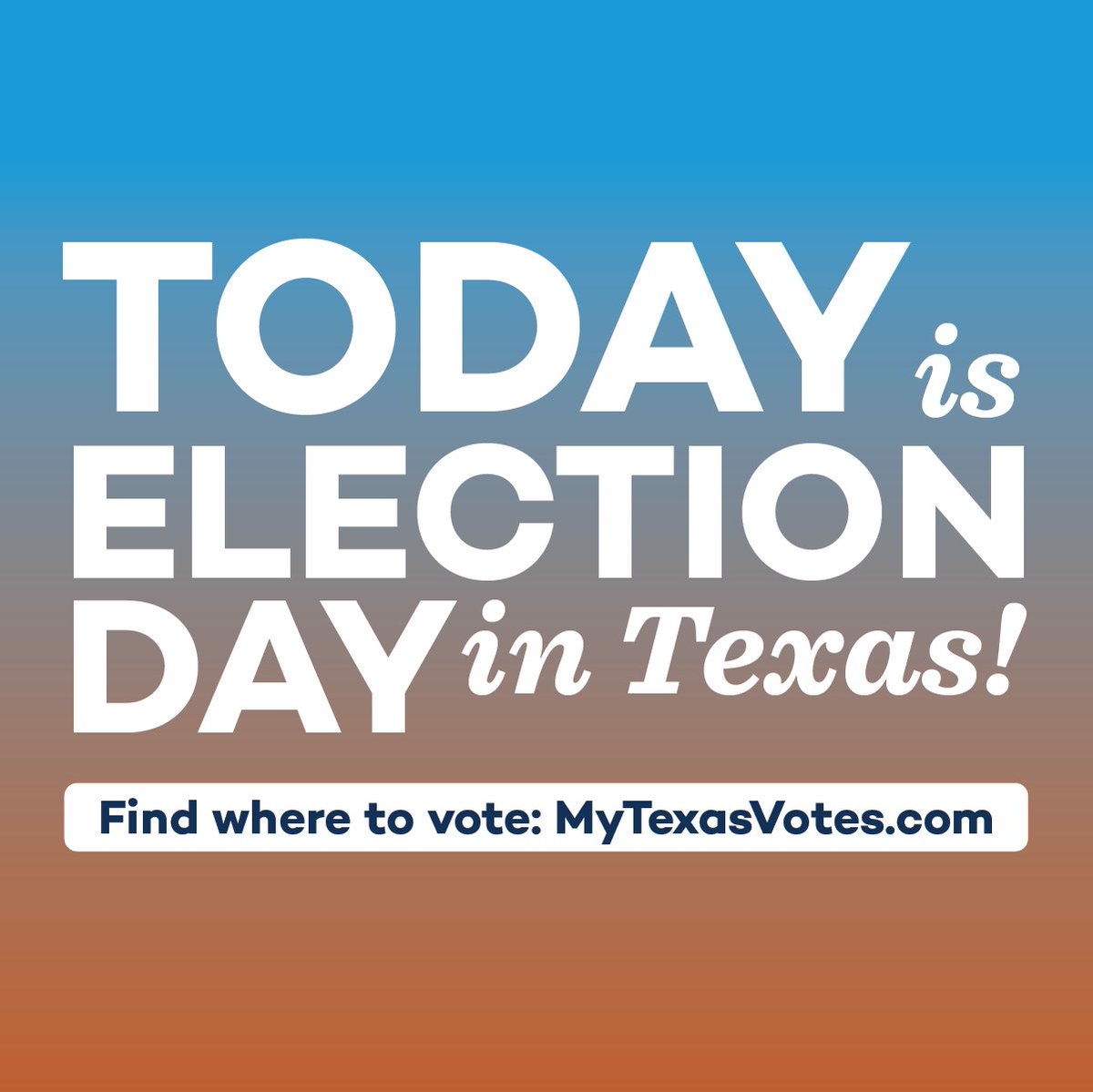 TEXAS: It's Election Day! 🤠
This is the LAST chance to vote in your local election! Make your plan to vote TODAY!
☎️ Questions? Call 1-844-TX-VOTES
📍 Find out where to vote MyTexasVotes.com