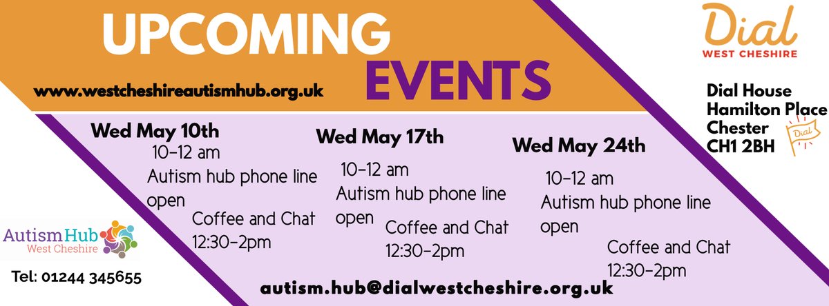 😁 We're delighted to be joining the team at <a href="/DIALWCheshire/">Dial West Cheshire</a>!

🗓️ Here's an overview of what's on offer over the next couple of weeks...

More about our move to Dial ➡️ westcheshireautismhub.org.uk/uncategorized/…