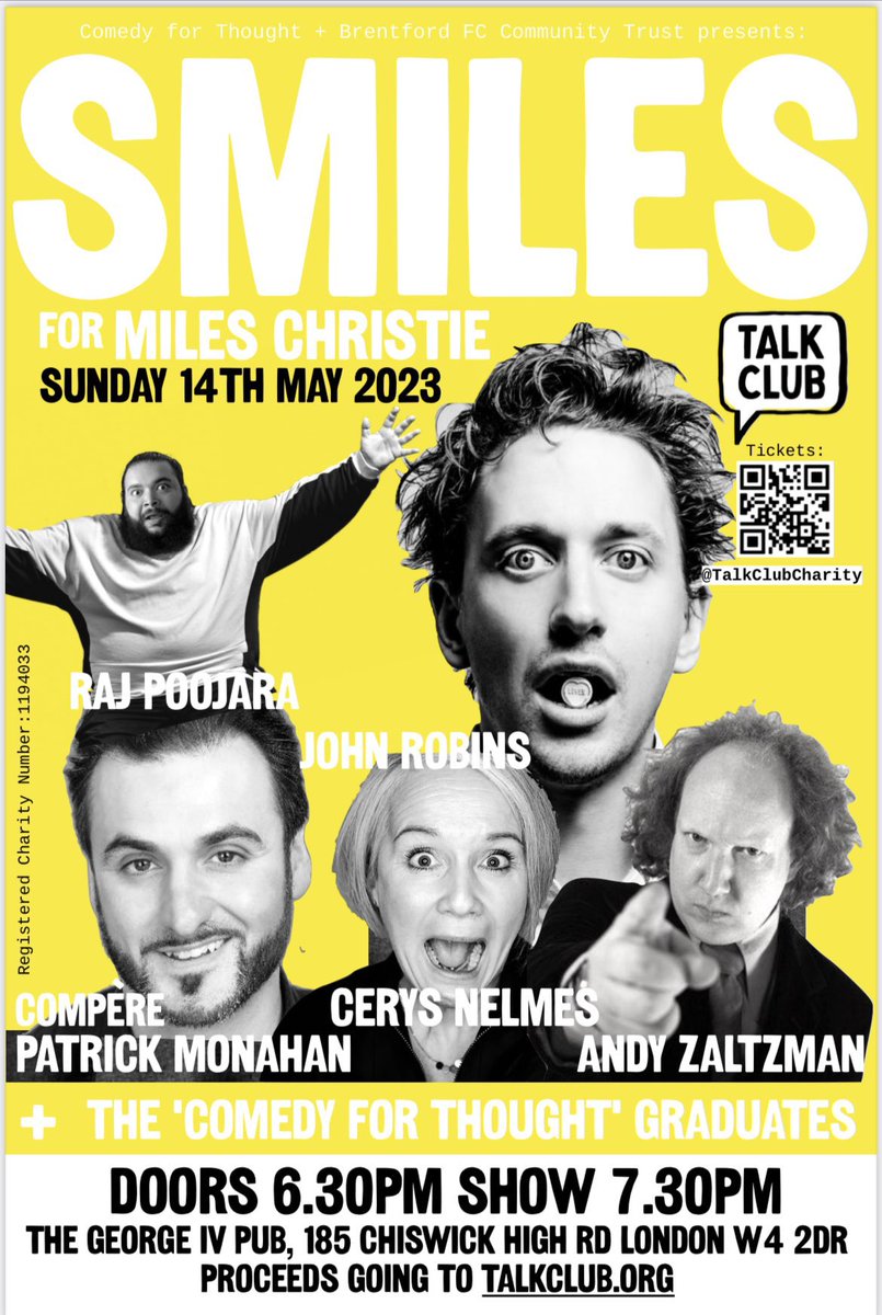 Charity comedy night in memory of Miles Christie to raise money for Talk Club. <a href="/nomadicrevery/">CanarA.I.</a> on stage.

Book tickets below… 

eventbrite.co.uk/e/smiles-for-m…