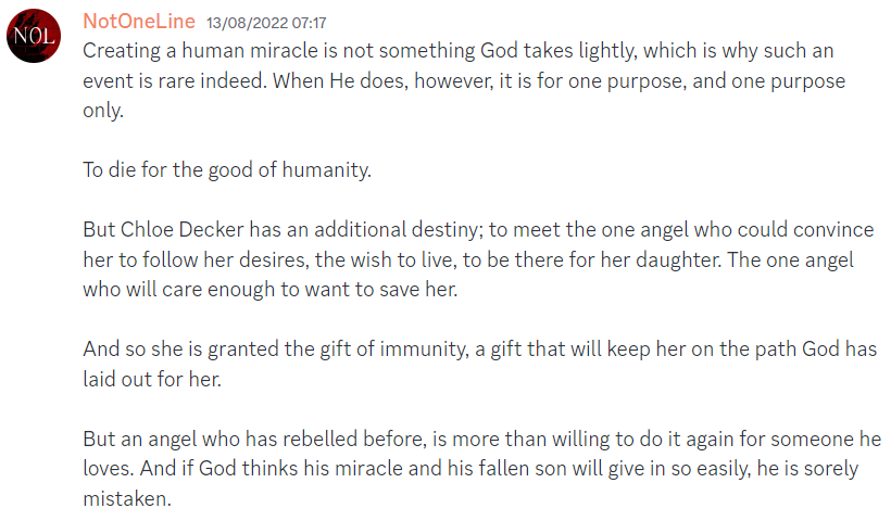 NotOneLineFF's tweet photo. Fanfiction Prompt: Chloe is a miracle, yes, but she was never created for Lucifer... #LuciferFanfiction https://t.co/yKHJTtaE8t