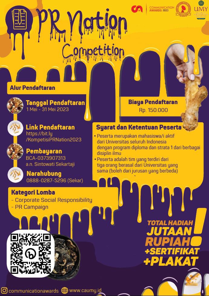 PR Nation merupakan kompetisi di CA, terdiri dari dua kategori (CSR dan PR Campaign) yang mengajak mahasiswa untuk merancang sebuah program PR dari sebuah isu sesuai tema.

 • Link Pendaftaran PR Nation :
 bit.ly/KompetisiPRNat…

 • Contact Person : 
 +62 888-0287-5296 (Sekar)
