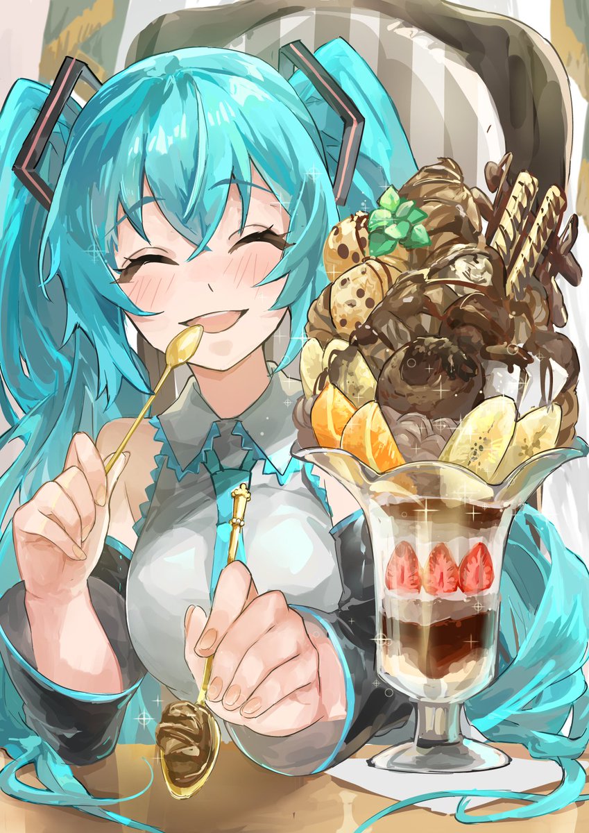 hatsune miku 1girl spoon twintails food holding spoon solo long hair  illustration images