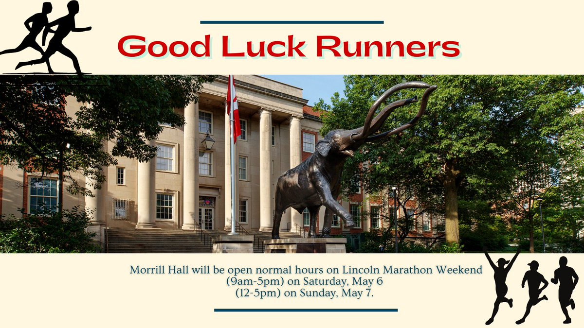 Archie & our staff wish luck to runners in this weekend's marathon. Morrill Hall will be open normal hours today & tomorrow. 14th St. north of Morrill Hall is closed today for race prep. Museum access & parking are open via Vine St. & parking & access will be normal for tomorrow.