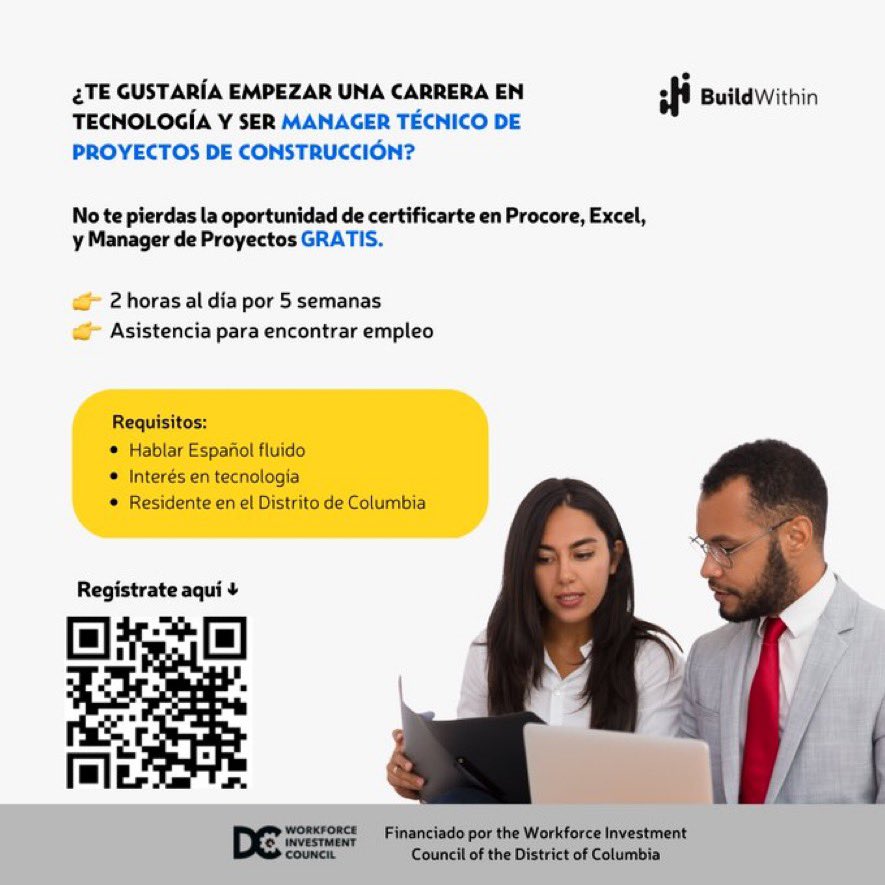 Attention DC: BuildWithin is offering a FREE training  in Construction project management. 
Must be a DC resident and bilingual in Spanish/English.
This is an effort under <a href="/GoldenTriDC/">Golden Triangle BID</a> #PennWest Innovation District and supported by the <a href="/dc_wic/">DC Workforce Investment Council</a> 
#futureofwork #construction #jobs
