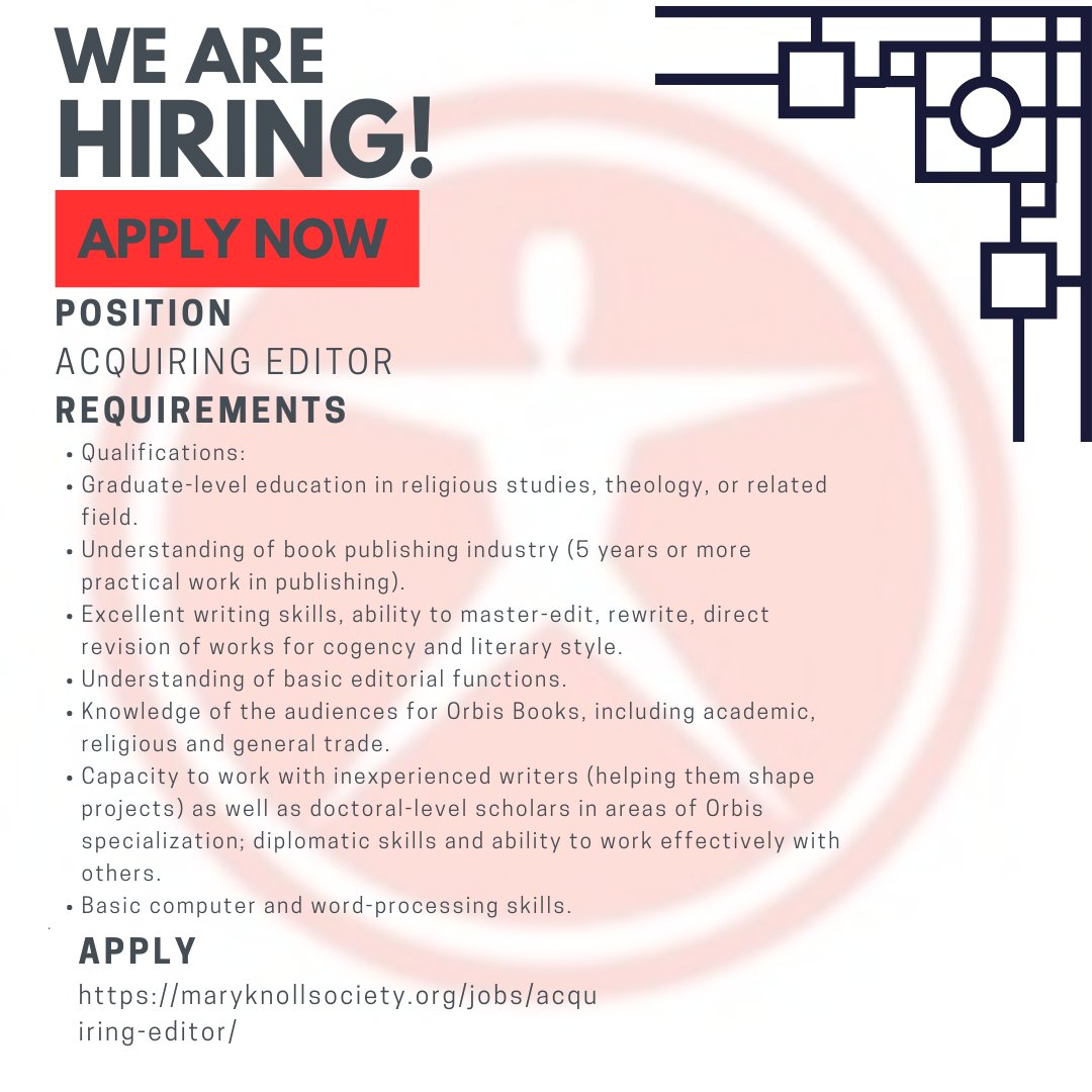 OrbisBooks's tweet photo. Help Wanted - Acquiring Editor, Orbis Books, Maryknoll, NY

To find out more please visit:

https://t.co/5zUfZ1IbA2

#helpwanted #editors #nowhiring #publishing #bookindustry #lovebooks #books #editorsofinstagram #hiring #hr #jobsearch #recruitment #nowhiring #recruiting #jobs https://t.co/DlKuvDTbd9