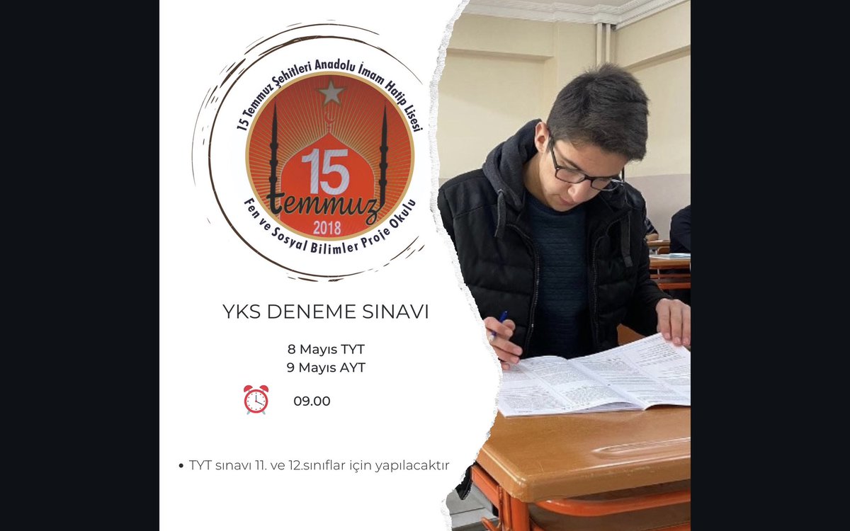 Seri YKS denemelerimize başlıyoruz! 

📆 8 Mayıs Pazartesi #TYT
📆 9 Mayıs Salı #AYT
🕣 09.00

📣 TYT sınavı 11. ve 12.sınıflara uygulanacaktır. 

Herkese başarılar dileriz! 🙋🏻‍♂️