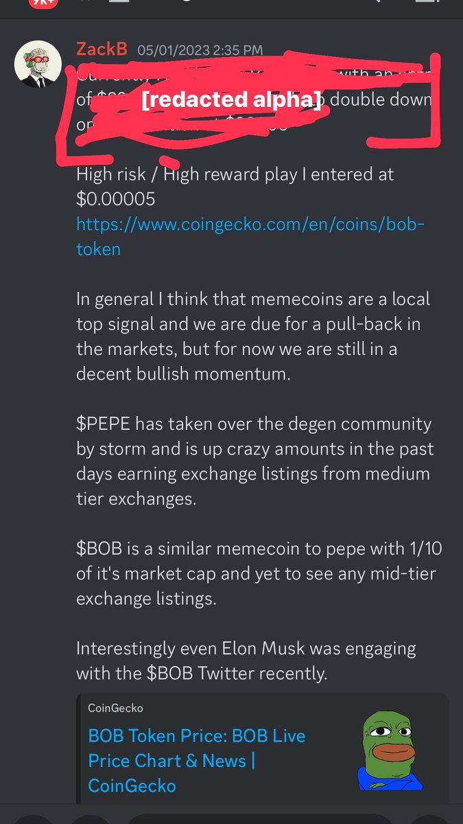 btc_zack's tweet photo. Another week another win.

🚀 500% gain on this $BOB alert

My track record this year is 14 out of 14 

Bear or bull I am consistently hitting all time highs … how many can say that?

At the moment my trades and investments are only available to a select few individuals.

 [….T…e] is an exclusive circle.

In the near future there might be one more seat at the table.

Let’s see … 🔔