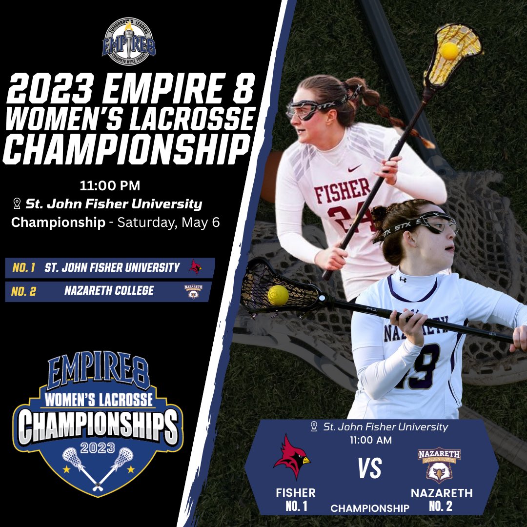 CHAMPIONSHIP DAY! 🏆 Tune in today as two teams battle for the 2023 #E8 title, the No. 1 <a href="/FisherAthletics/">SJF Cardinals</a> <a href="/SJFC_WLAX/">Fisher Lacrosse</a> takes on the No. 2 <a href="/NazAthletics/">Nazareth Athletics</a> <a href="/Naz_W_Lax/">Nazareth Womens Lacrosse</a> at 11 pm at Growney Stadium! 
#E8 #E8proud #whyd3 #leaderscompetehere
