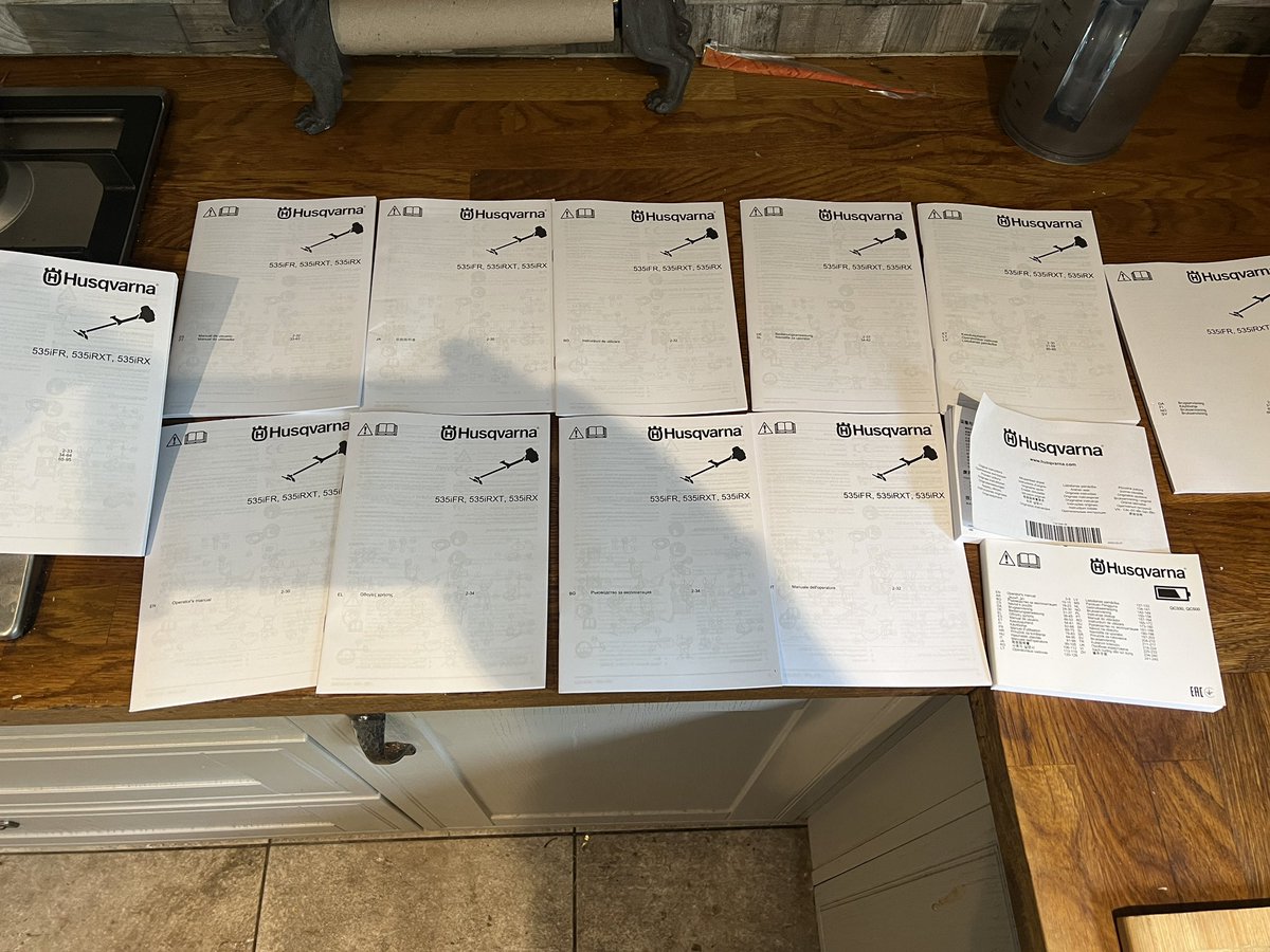 MarcusTackley's tweet photo. @UK_Husqvarna top tip: reduce the number of instruction booklets down from 11 to 1, and it saves both money and trees! https://t.co/wFUHpO3RR0
