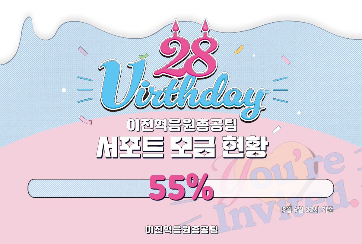 Leejinhyuk_strm's tweet photo. [ 📢 ] 28 Virthday 서포트 모금 현황

📈모금현황 :  55%

🗓모금기간 : 05/12(금) 까지

🗂정산폼 : https://t.co/kMvOfxmDZA

✔목표액 달성 시 종료됩니다
✔26,800원 이상 모금하신 분은 꼭 정산폼 제출부탁드립니다
✔서포트 잔액은 음원총공 및 공구모금에 활용됩니다

#이진혁 #LEEJINHYUK https://t.co/ZulvA4qEzT