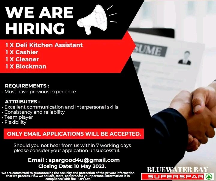CarolBoitumelo1's tweet photo. WE ARE HIRING!!!📣📣

1 x Deli Kitchen Assistant
1 x Cashier
1 x Cleaner
1 x Blockman

Email: spargood4u@gmail.com
Closing date: 10 May 2023. https://t.co/U0RYki80LX