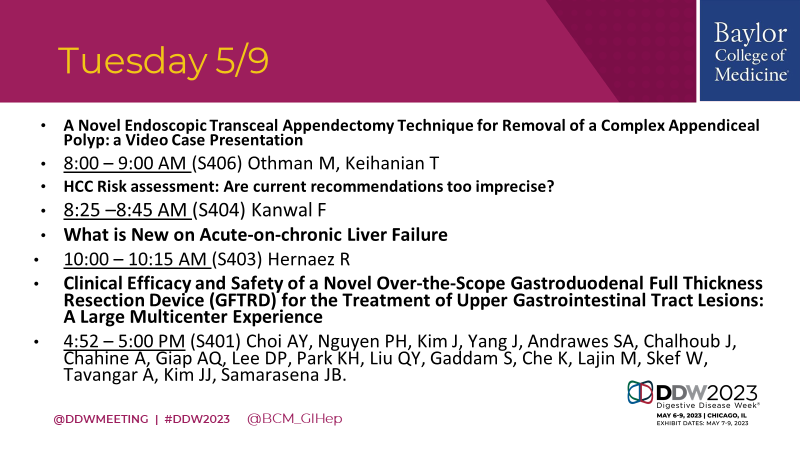 BCM Gastroenterology (@bcm_gihep) on Twitter photo Good morning!🌅#GITwitter #LiverTwitter Are you ready for #DDW2023?☕️
This year we are honored to present🔟invited talks, 🔟oral presentations and 3⃣5⃣ posters!
See below for details & come meet our⭐️faculty including <a href="/SeragHashem/">Hashem el- Serag</a> <a href="/KanwalFasiha/">Fasiha Kanwal</a> <a href="/EndoscopyOthman/">Mohamed Othman</a> and many more🤗 Good morning!🌅#GITwitter #LiverTwitter Are you ready for #DDW2023?☕️
This year we are honored to present🔟invited talks, 🔟oral presentations and 3⃣5⃣ posters!
See below for details & come meet our⭐️faculty including <a href="/SeragHashem/">Hashem el- Serag</a> <a href="/KanwalFasiha/">Fasiha Kanwal</a> <a href="/EndoscopyOthman/">Mohamed Othman</a> and many more🤗