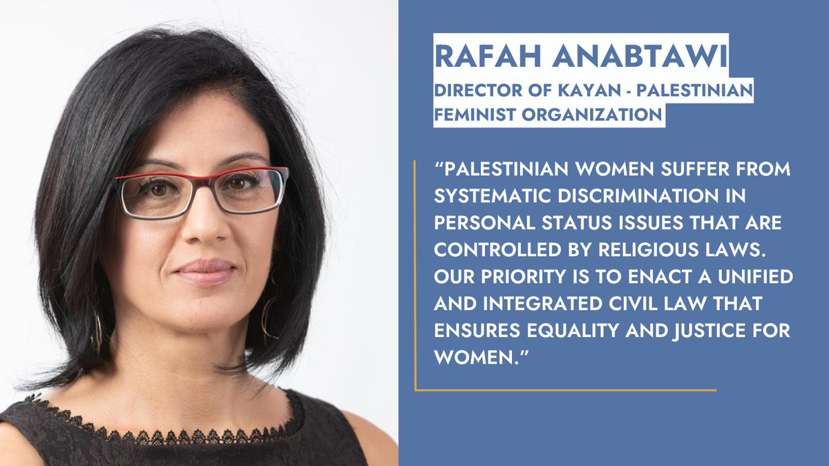 EuroMedRights's tweet photo. Palestinian women in #Israel suffer patriarchal & gender-discriminatory laws, procedures & perspectives, maintained by the religious court system and civil family courts. Our member @KayanFeminist fights for a unified and integrated civil Law. #ActionForEquality https://t.co/5cVNS6YYkN