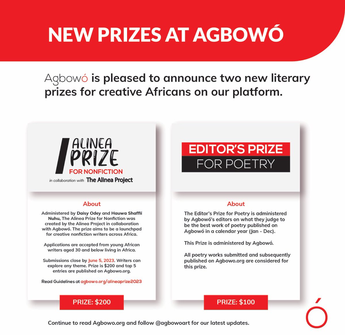 agbowoart's tweet image. Hello Writers, 

We’ve got news. 🙂

#Agbowo #Prizes #Writers #AfricanWriting #Poetry #NonFiction