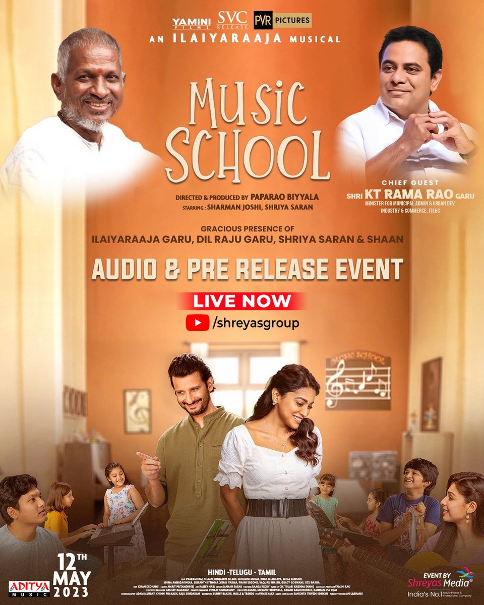 Watch #MusicSchoolMovie Grand Audio & Pre-release Event Live Now 🔴 

Watch Live Here!
▶️ youtube.com/live/spyzSJigV…

@shriya1109 @TheSharmanJoshi @ilaiyaraaja @SVC_official @PicturesPVR @paparaobiyyala @adityamusic @AdityaTamil_ @shreyasgroup
#IlaiyaraajaMusic