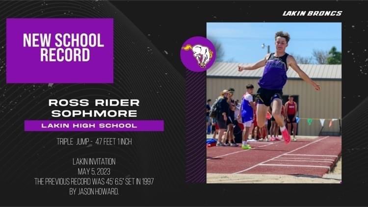 tpollart's tweet photo. Ross Rider, Lakin Sophomore, set a new school record in the triple jump at The Lakin Invitational Track Meet with a jump of 47 feet 1 inch. #sportsinkansas https://t.co/T4c1bfu7xY