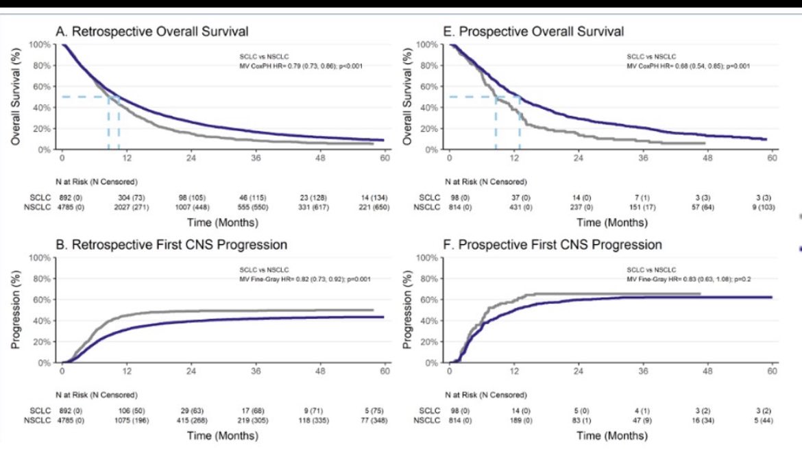 Interesting study comparing the OS and brain progression between NSCLC and SCLC with Brain mets (Cross-FIRE)
➡️Multi-institutional study - 6.5K 
➡️1st-line SRS SCLC vs SRS in NSCLC BM
👉SCLC < Median OS
👉SCLC earlier 1st CNS progression
#radonc #brainmets