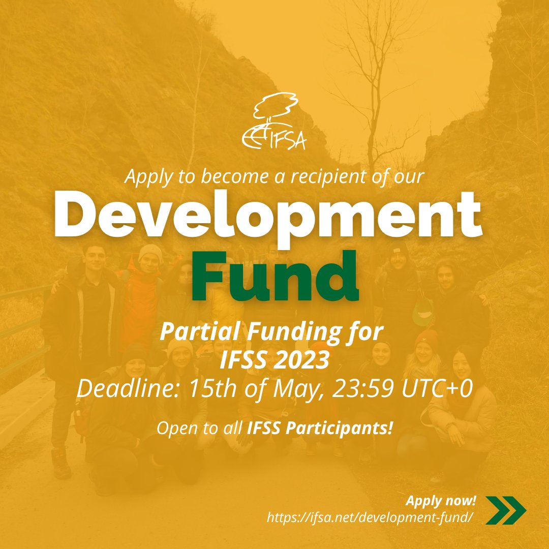 YIL_Initiative's tweet photo. 📢Calling @IFSAdotnet members!

The Development Fund aims to support members attending #IFSS 2023 in 🇩🇪Germany!

📌Note: Non-EU members will be prioritize, but EU members are also eligible!

✅Apply by - 15th of May at 23:59 UTC+0
➡️ https://t.co/l073j0xhxZ… 

@Y4Nature @YPARD https://t.co/VkCmdUc4lS